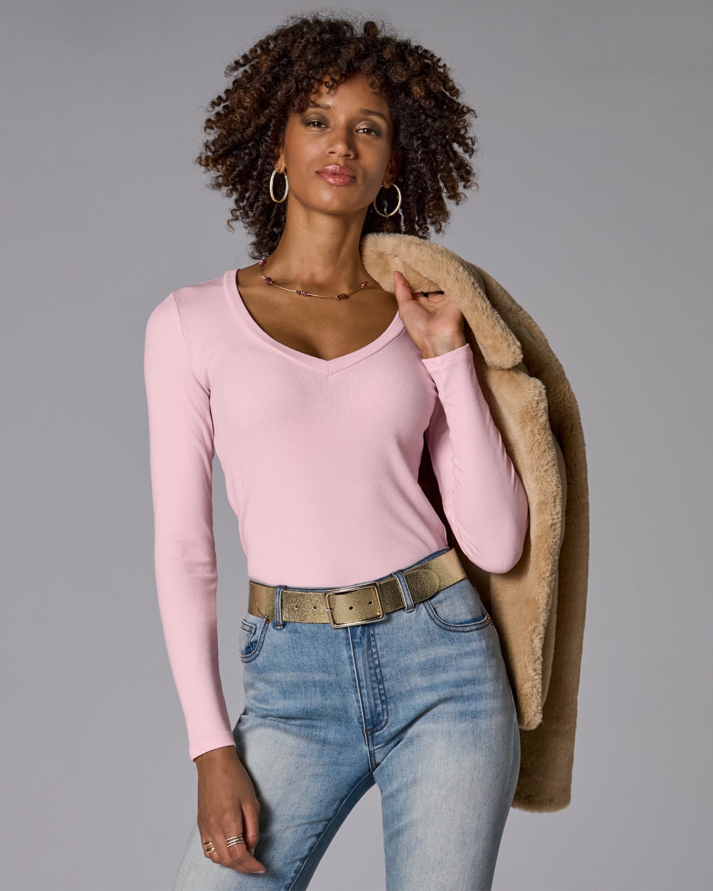 So Essential Ribbed V Neck Long Sleeve Top Soft Pink