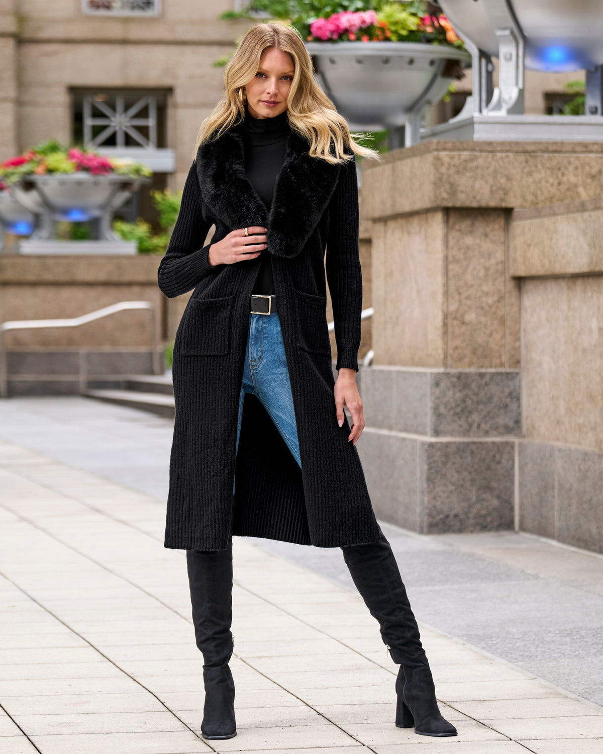 Faux Fur Collar Ribbed Long Cardigan Black/Black