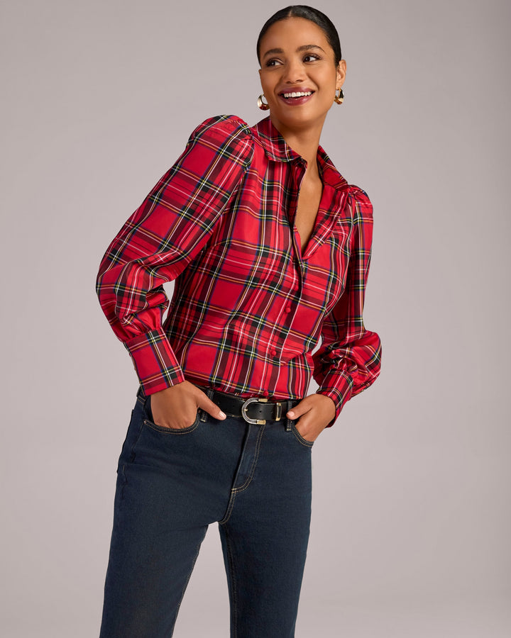 Holiday Plaid Victoria Drama Sleeve Shirt Red Multi
