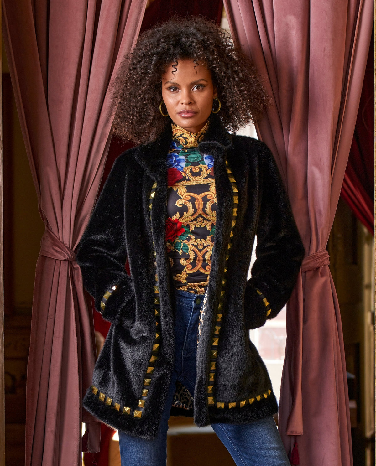 Faux Fur Studded Trim Coat Black