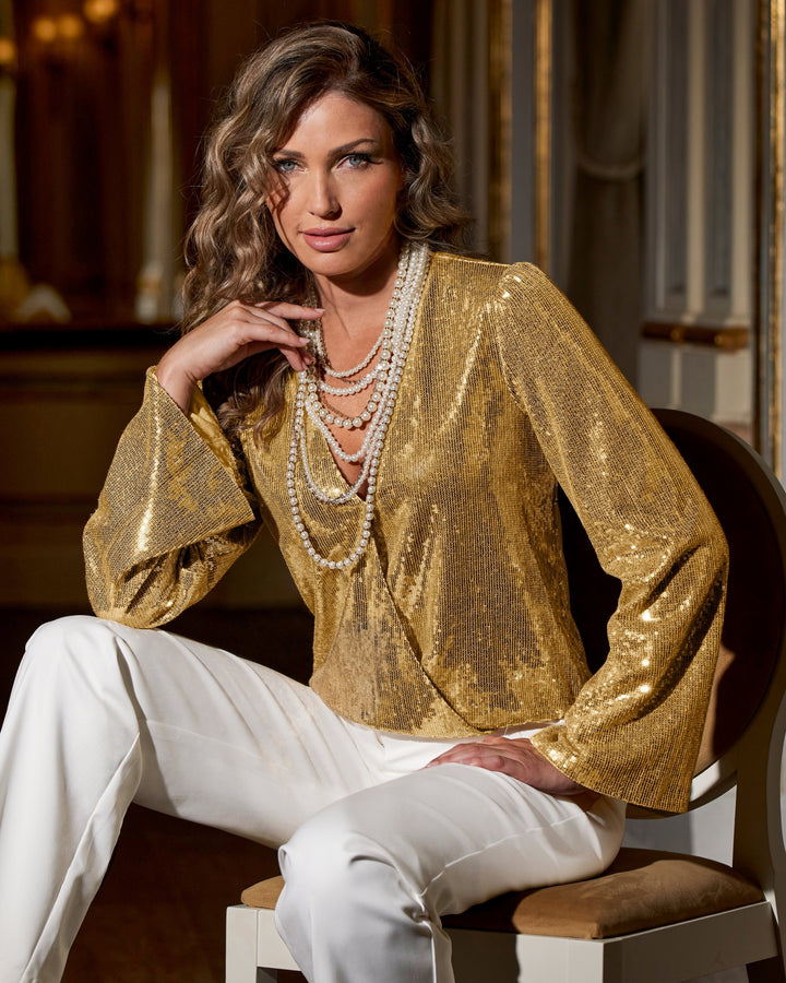 Sequin Flare Sleeve Surplice Blouse Gold