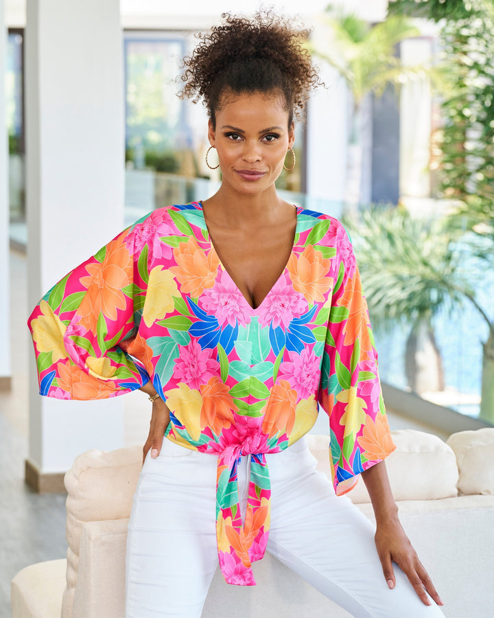 Mirrored Blooms Print Kate Tie Front Charmeuse Blouse Pink Multi