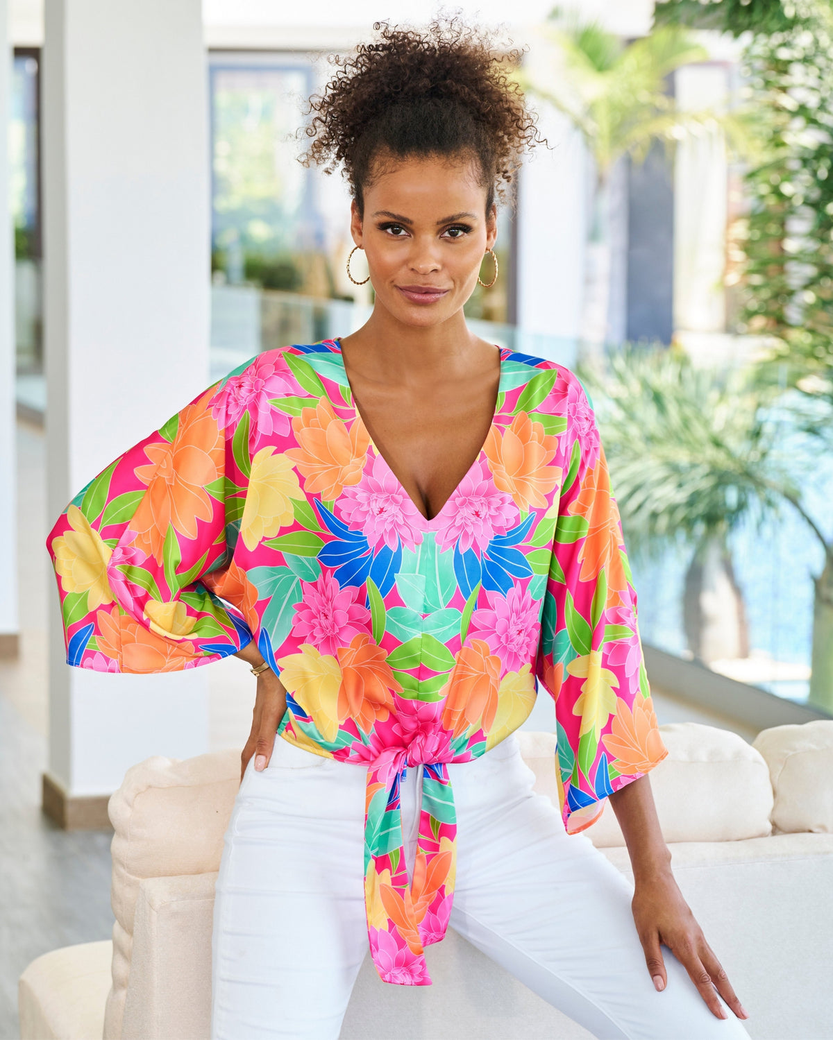Mirrored Blooms Print Kate Tie Front Charmeuse Blouse Pink Multi