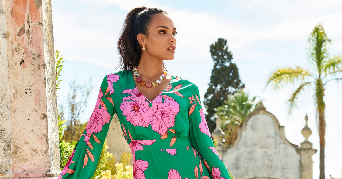 Drawn Floral Print V Neck Tiered Woven Maxi Dress - Green / Pink | Boston Proper Drawn Floral Print V Neck Tiered Woven Maxi Dress - Green / Pink | Boston Proper