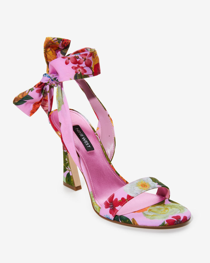 Floral Printed Ankle Wrap Heel Pink Multi
