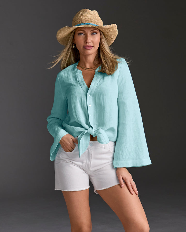 Linen Flare Sleeve Tie Front Shirt Aqua Splash