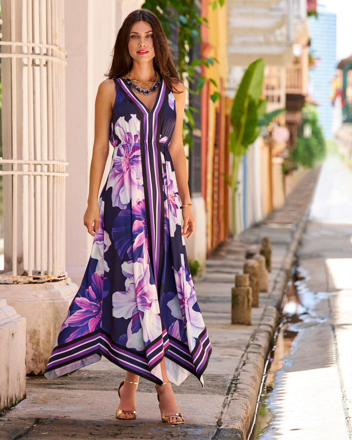 Exploded Dahlia Scarf Print Handkerchief Hem Dress Purple