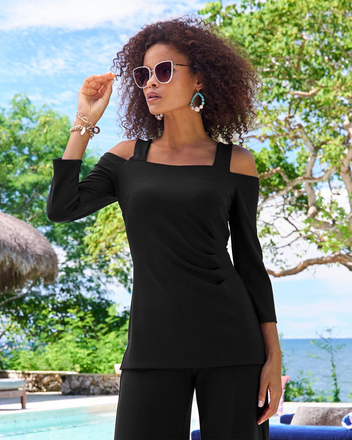 Beyond Travel Cold Shoulder Three Quarter Sleeve Top Jet Black