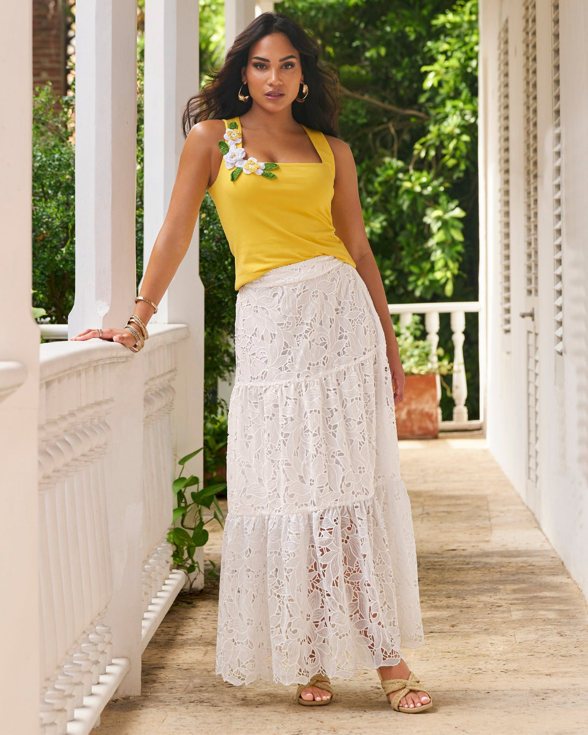 Tiered Lace Midi Skirt White