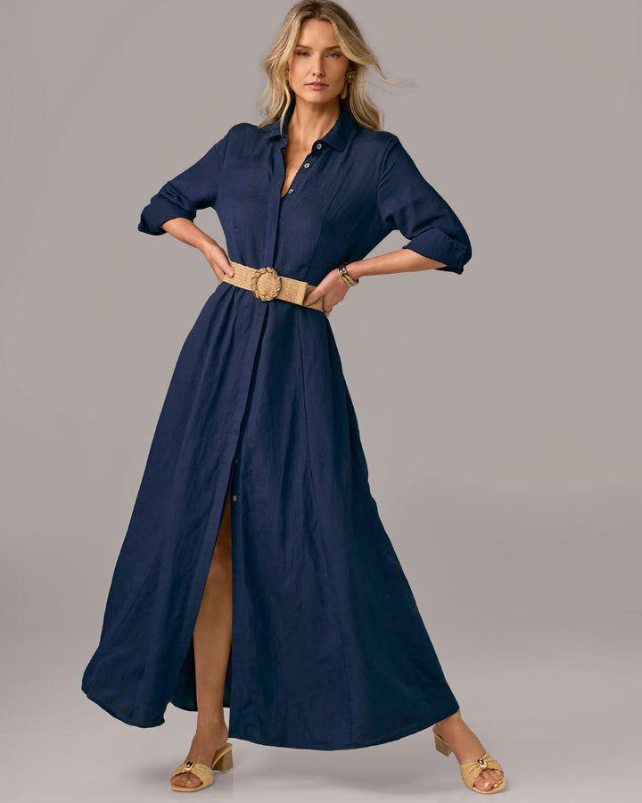 Linen Three Quarter Sleeve Maxi Shirt Dress Navy