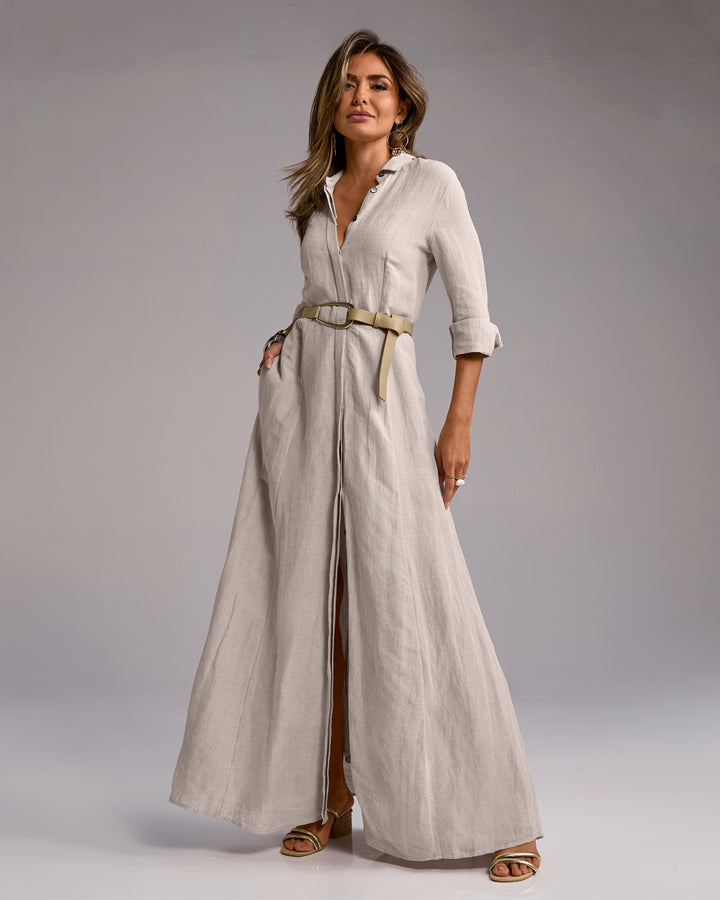 Linen Three Quarter Sleeve Maxi Shirt Dress Flax