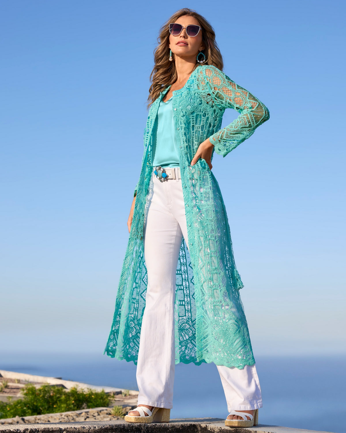 Mesh Crochet Mix Duster Tanager Turquoise