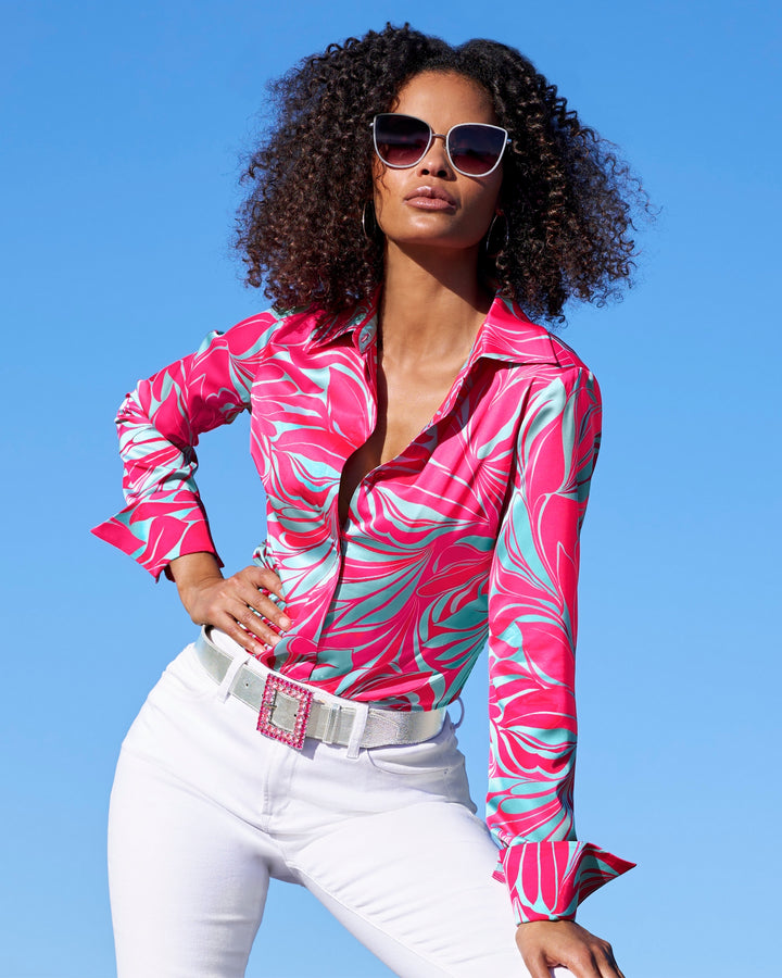 Sirena Abstract Print Sophia Button Up Charmeuse Blouse Blue/Pink