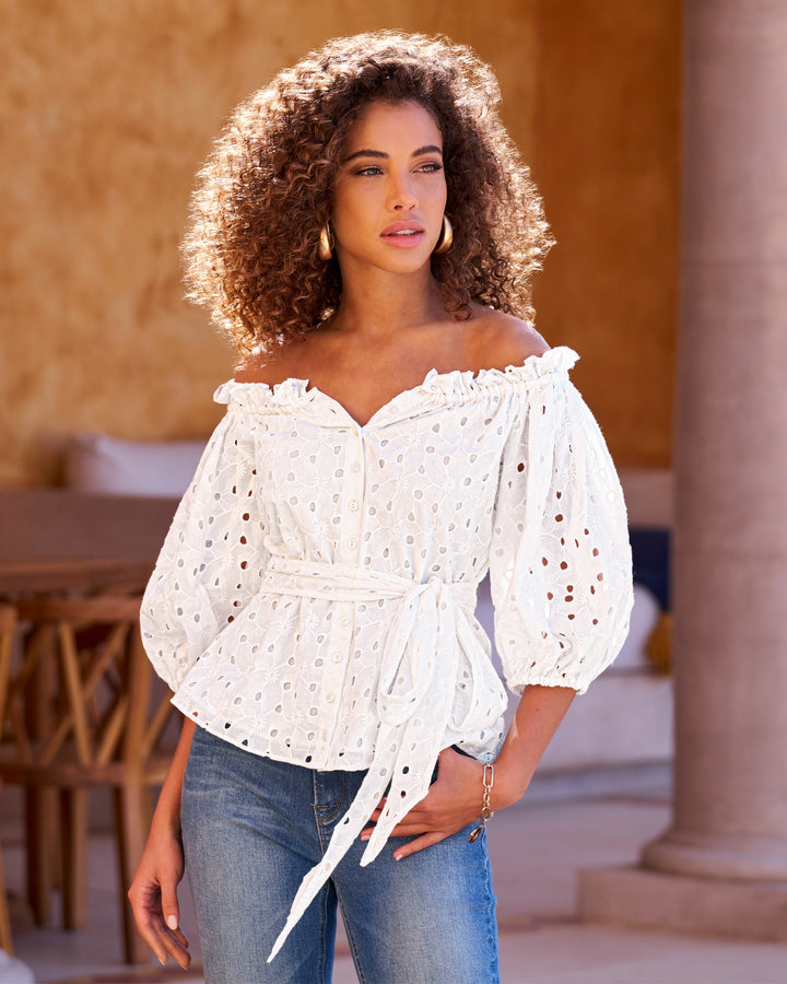 Eyelet Puff Sleeve Tie Waist Peplum Blouse White