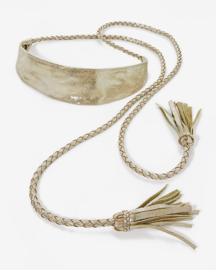 Metallic Leather Braided Wrap Belt Light Gold