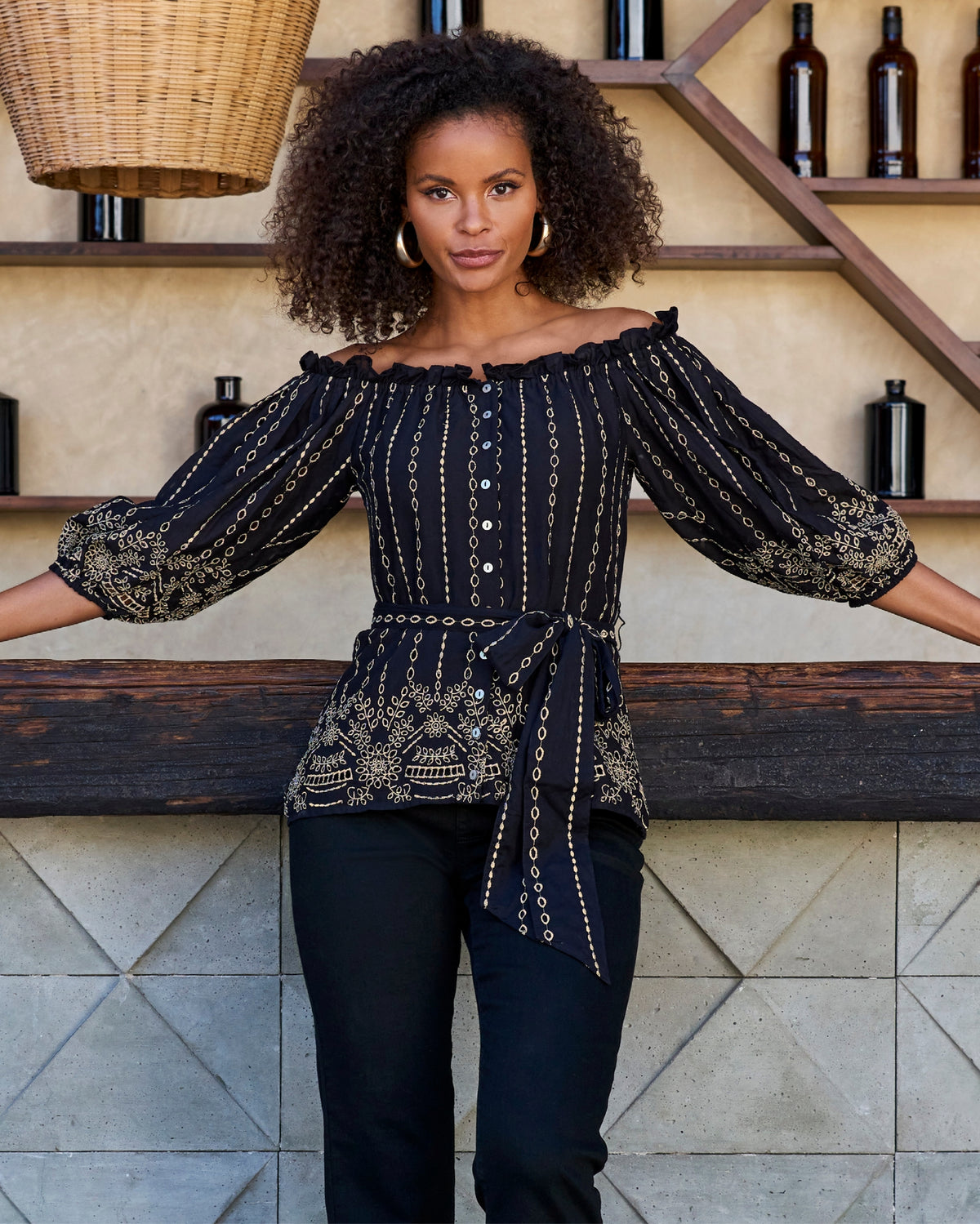 Metallic Eyelet Off The Shoulder Blouse Black/Gold