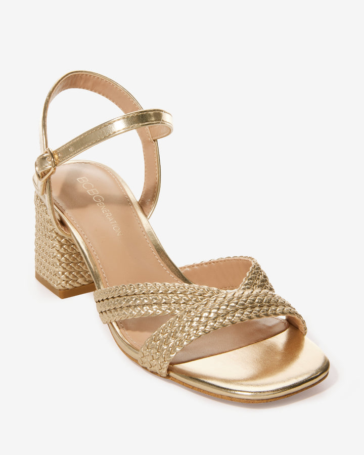 Braided Metallic Ankle Strap Block Heel Gold