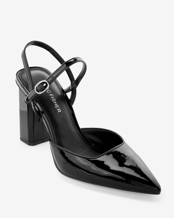 Pointed Toe Ankle Strap Block Heel Black