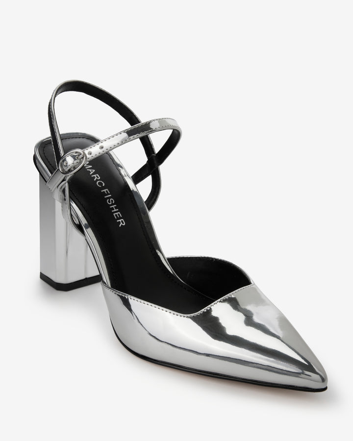 Pointed Toe Ankle Strap Block Heel Silver
