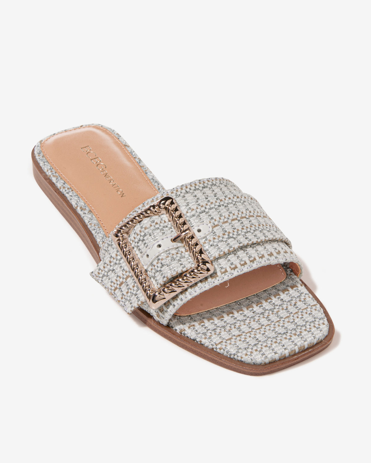 Tweed Buckle Slide Sandal White Multi