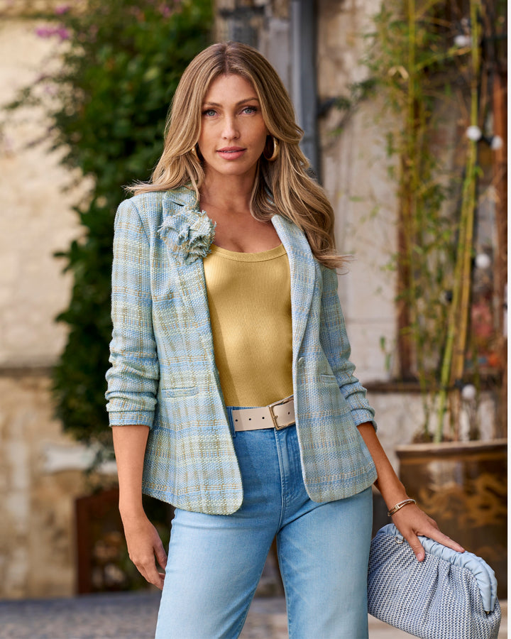 Tweed Ruched Sleeve Single Button Blazer Blue Multi