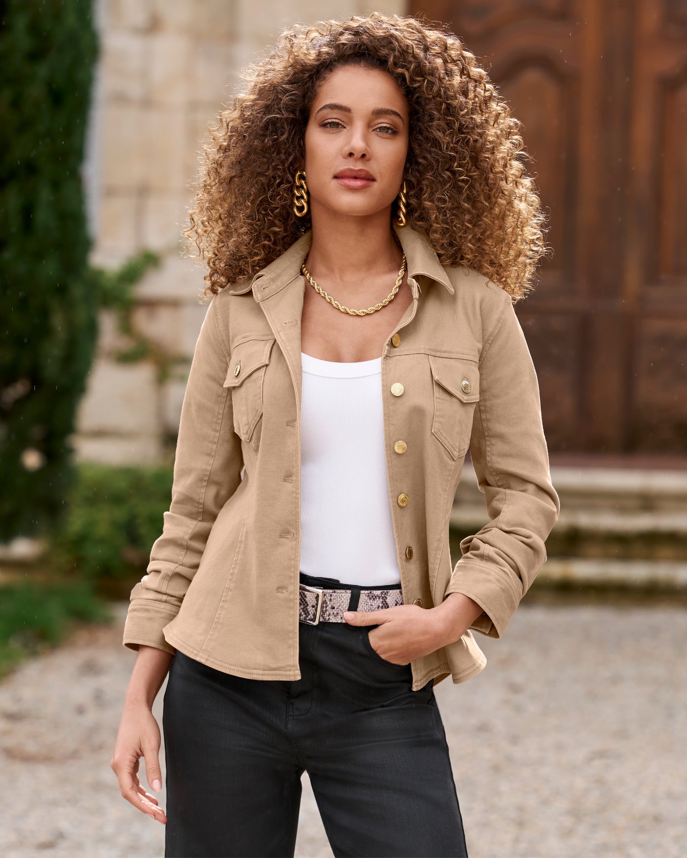 Ruched Sleeve Shaped Denim Jacket Latte