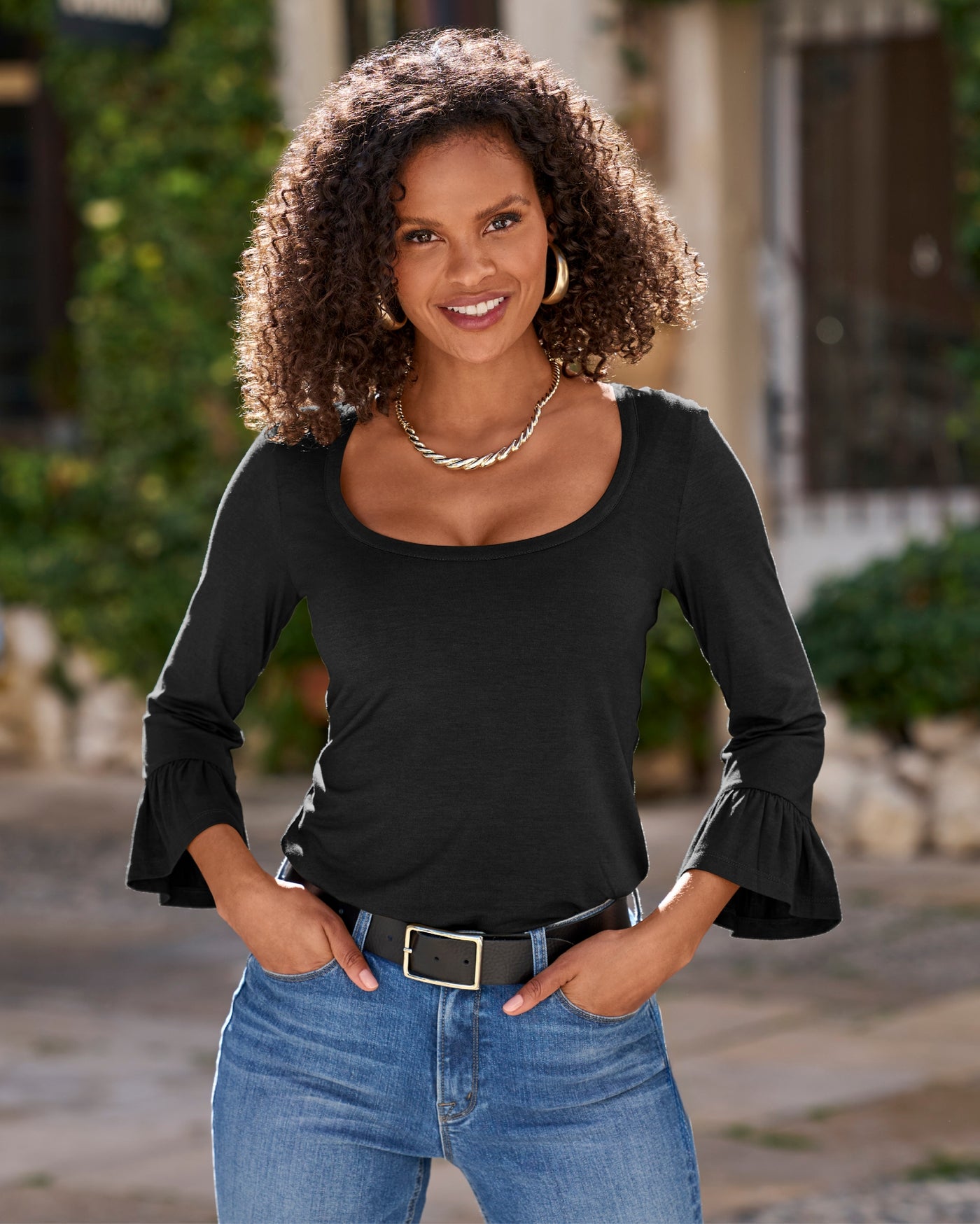 So Effortless Flare Sleeve Scoop Neck Knit Top Proper Black