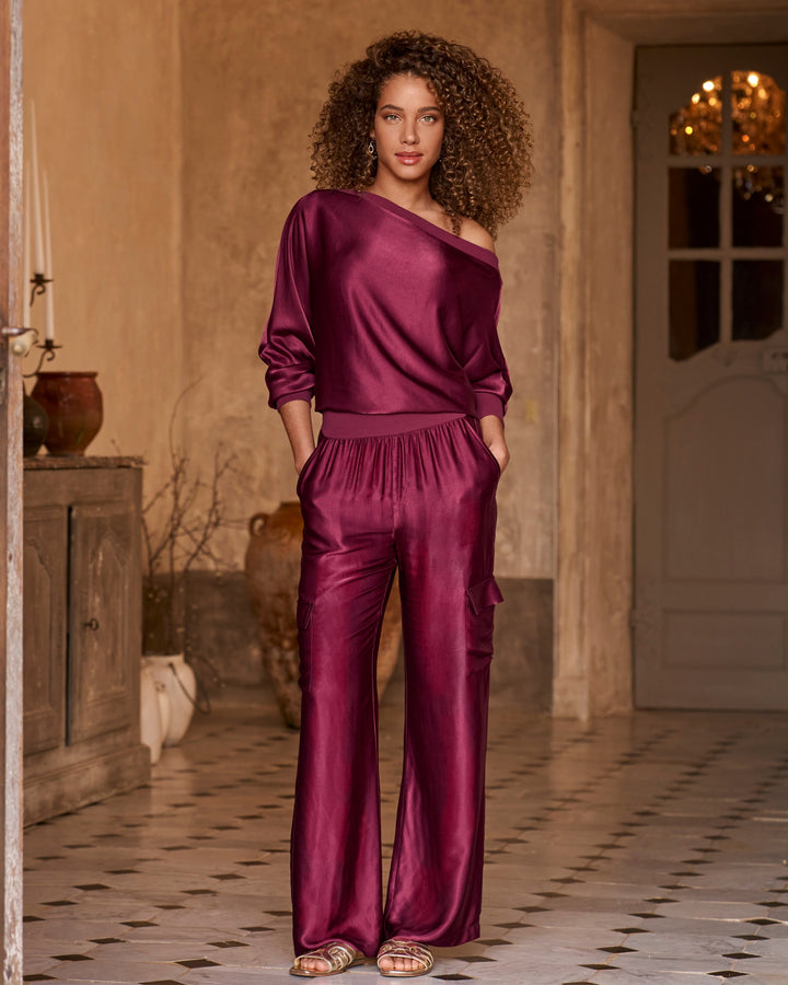 Slouchy Charmeuse Cargo Lounge Set Maroon