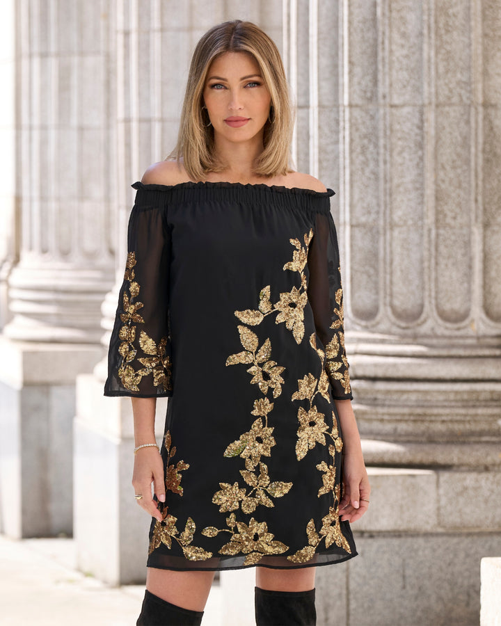 Gold Sequin Embellished Off the Shoulder Shift Dress Black