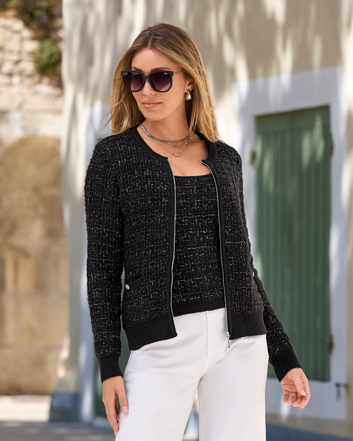 Sweater Tweed Zip Up Cardigan Black/Silver