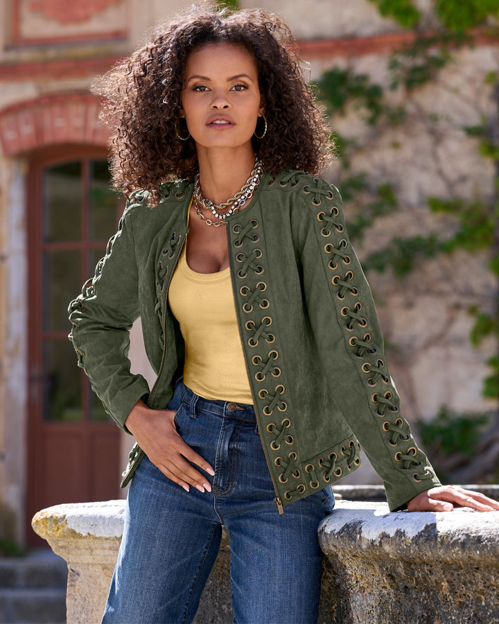 Faux Suede Grommet Lace-Up Jacket Olive