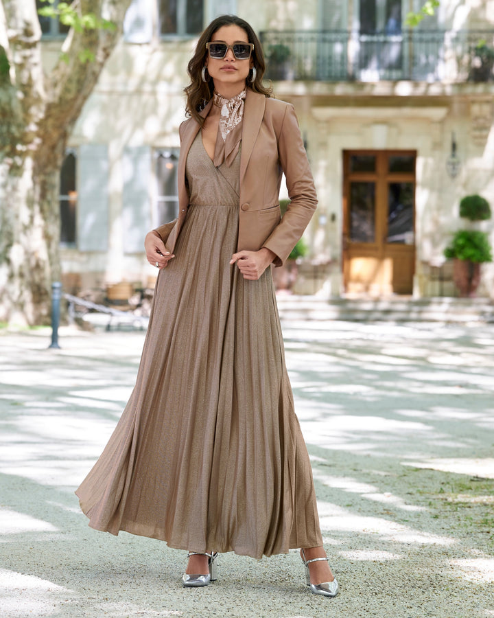 Shimmer Knit Pleated Maxi Dress Tan