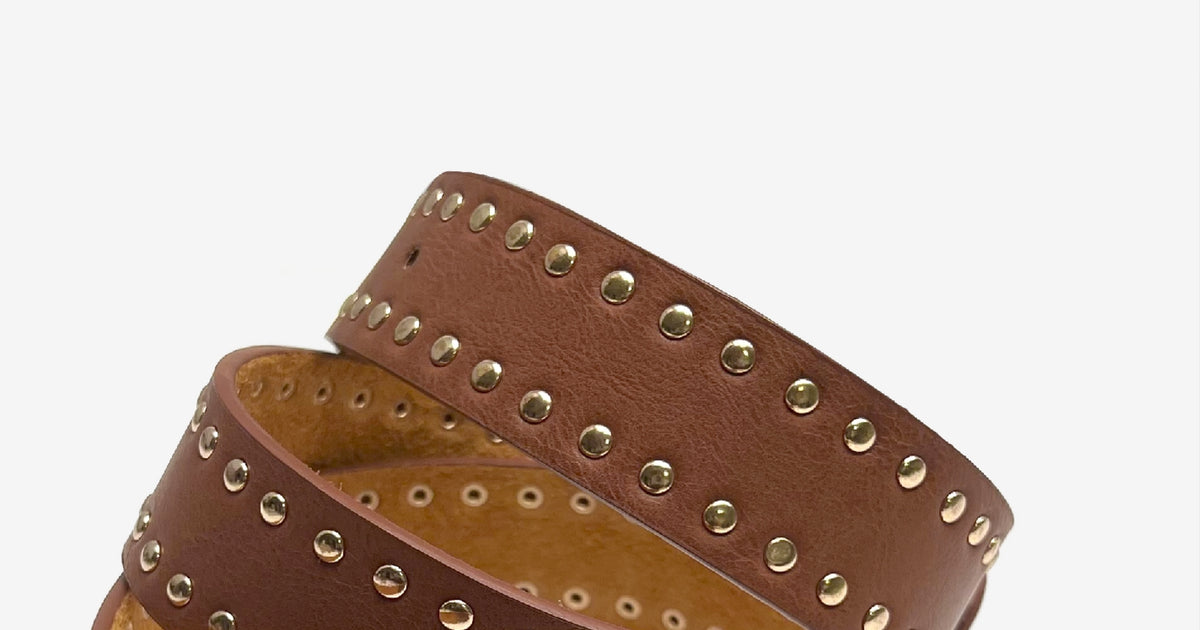 Designer Brown Leather Belt With Bronze Studs and Verdigris Godspeed Forged Studded Belt - BROWN main image 2