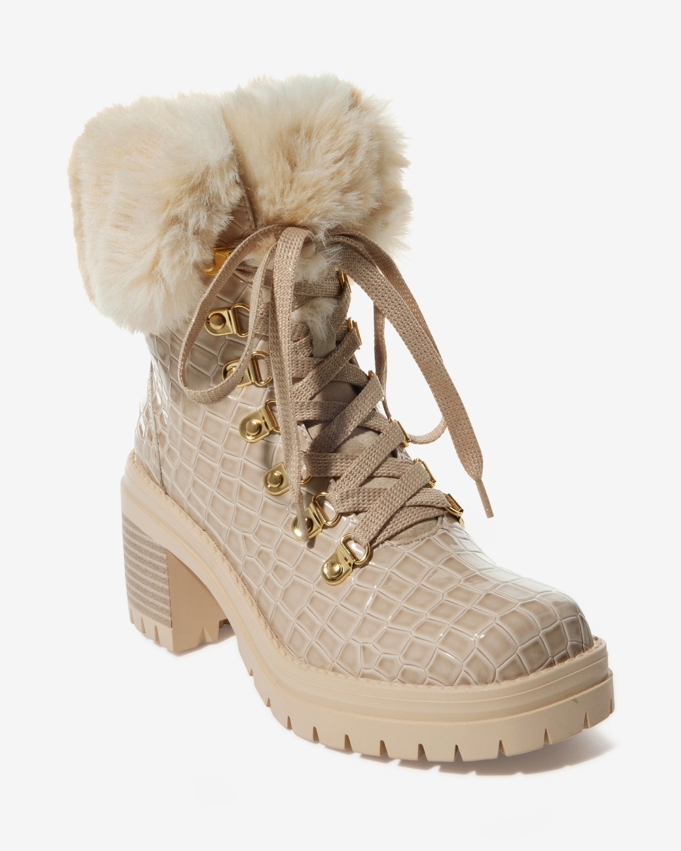 Croco Fur Lace Up Bootie Neutral