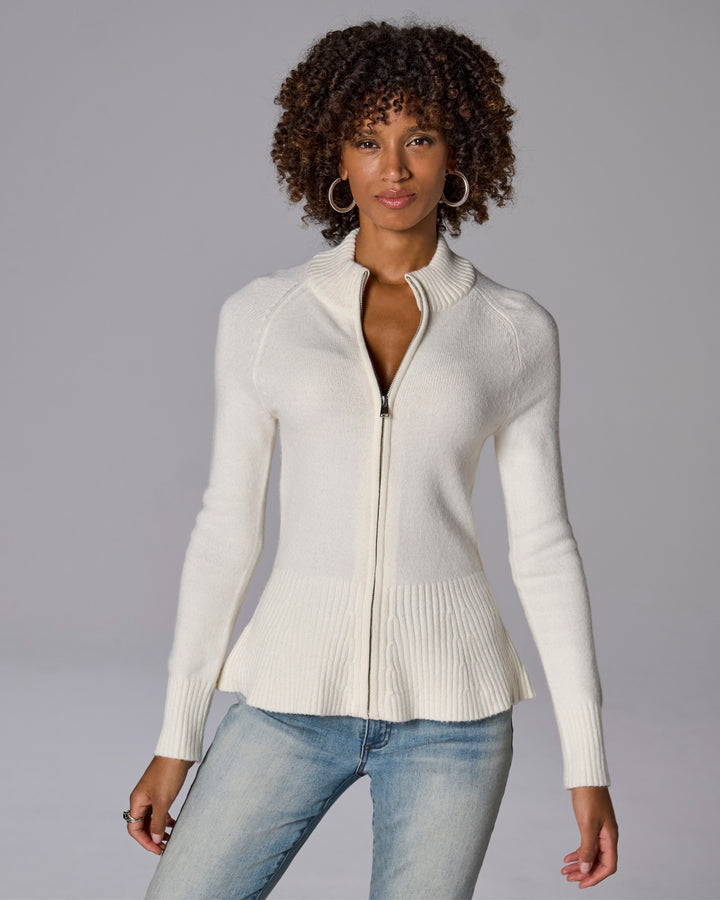 Rib Peplum Full Zip Cardigan Off White