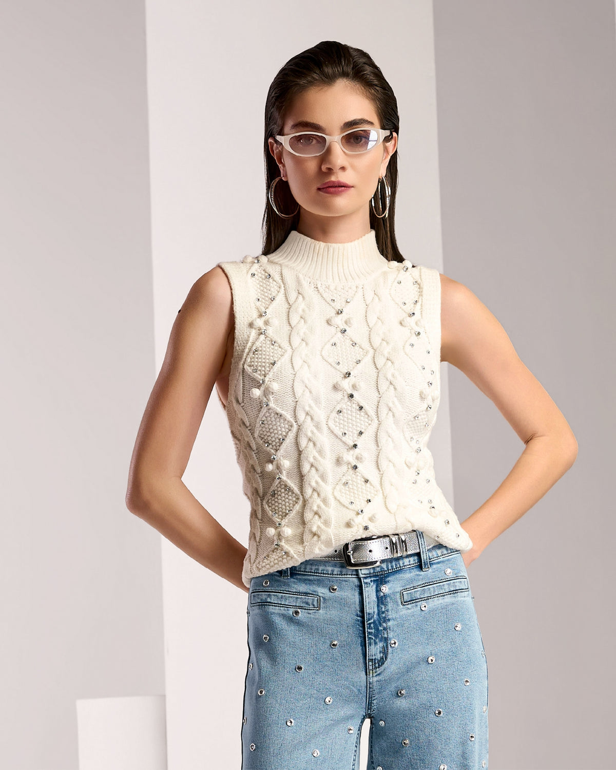 Embellished Cable Turtleneck Sweater Tank Off White
