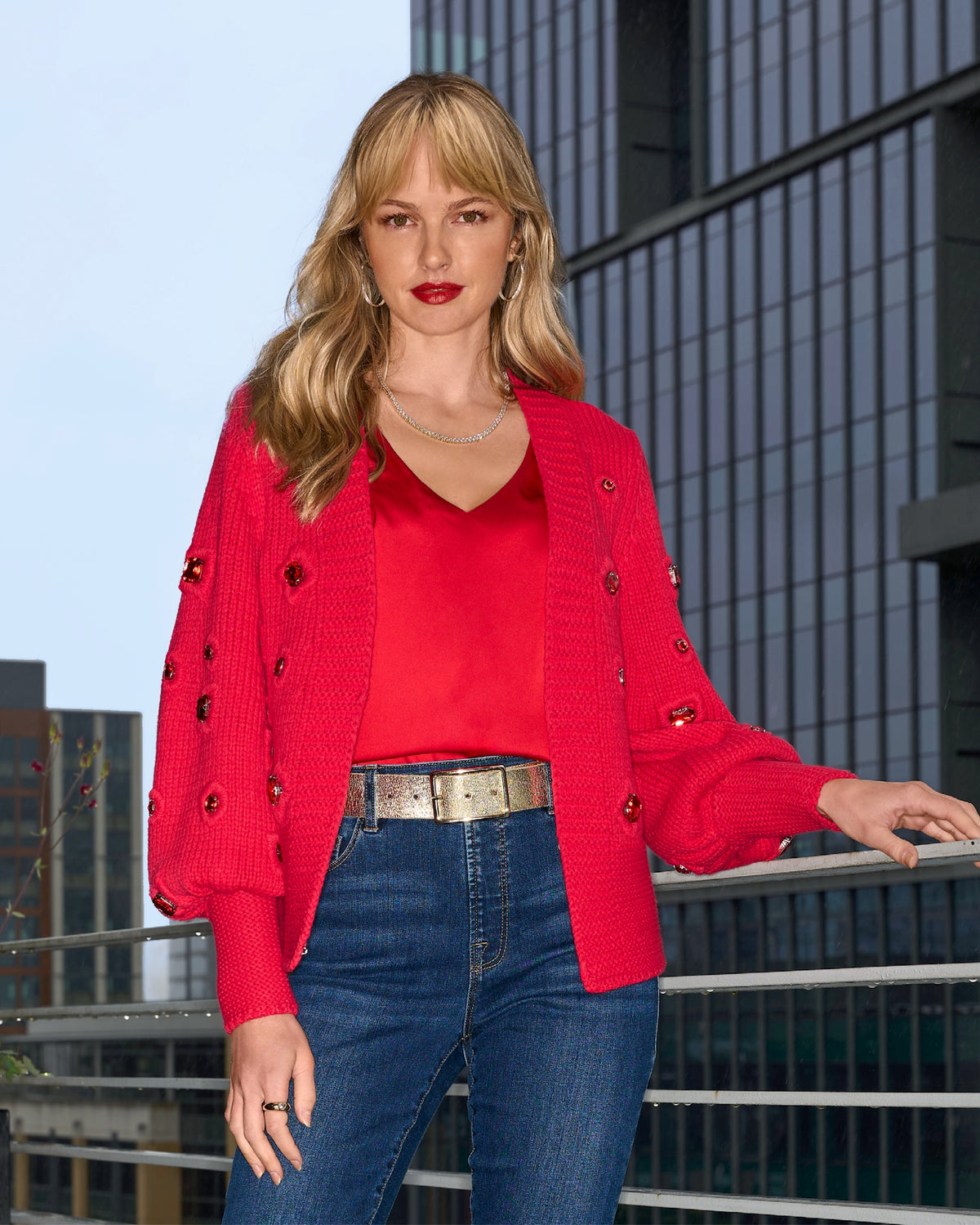 Gem Embellished Cardigan Racing Red