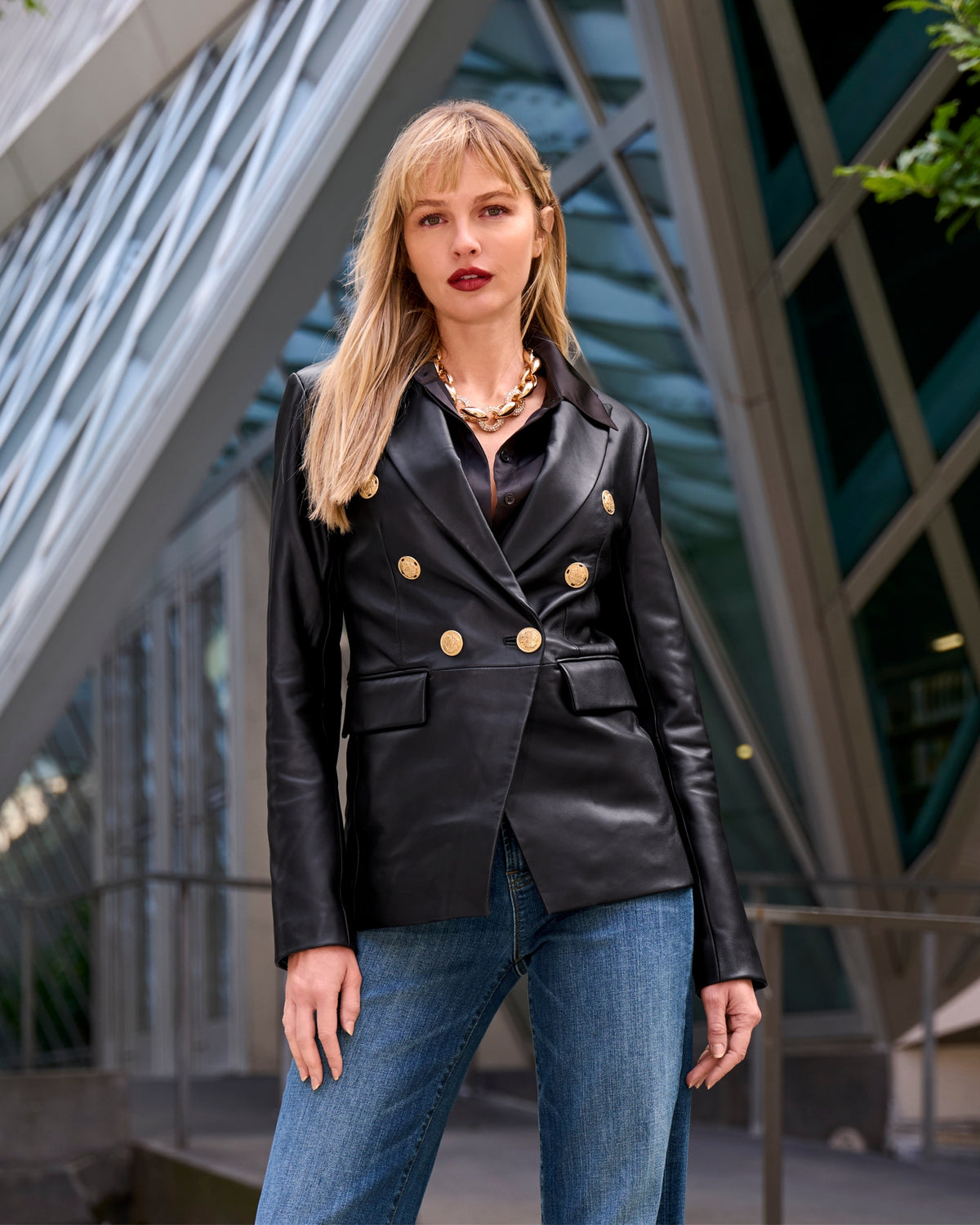 Genuine Leather Double Breasted Blazer Black