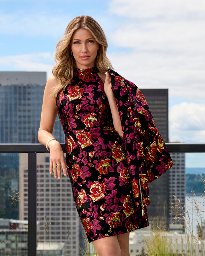 Jacquard Floral Sheath Mock Neck Dress Black Multi