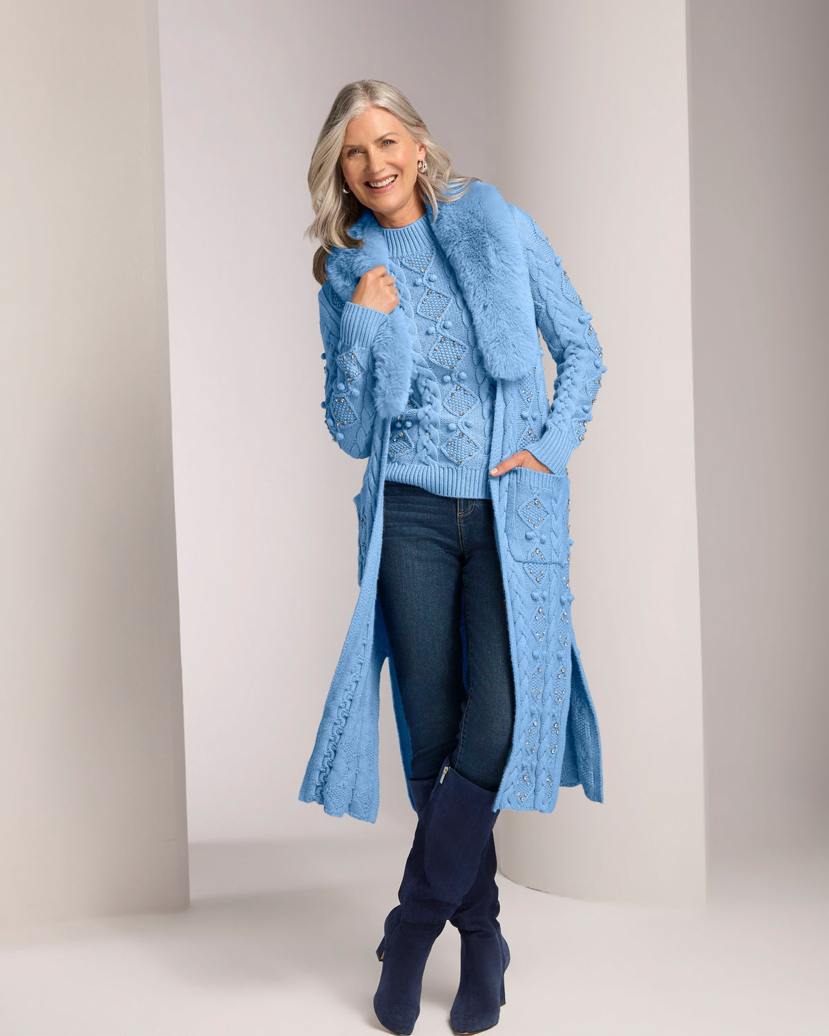 Faux Fur Embellished Cable Duster Airy Blue