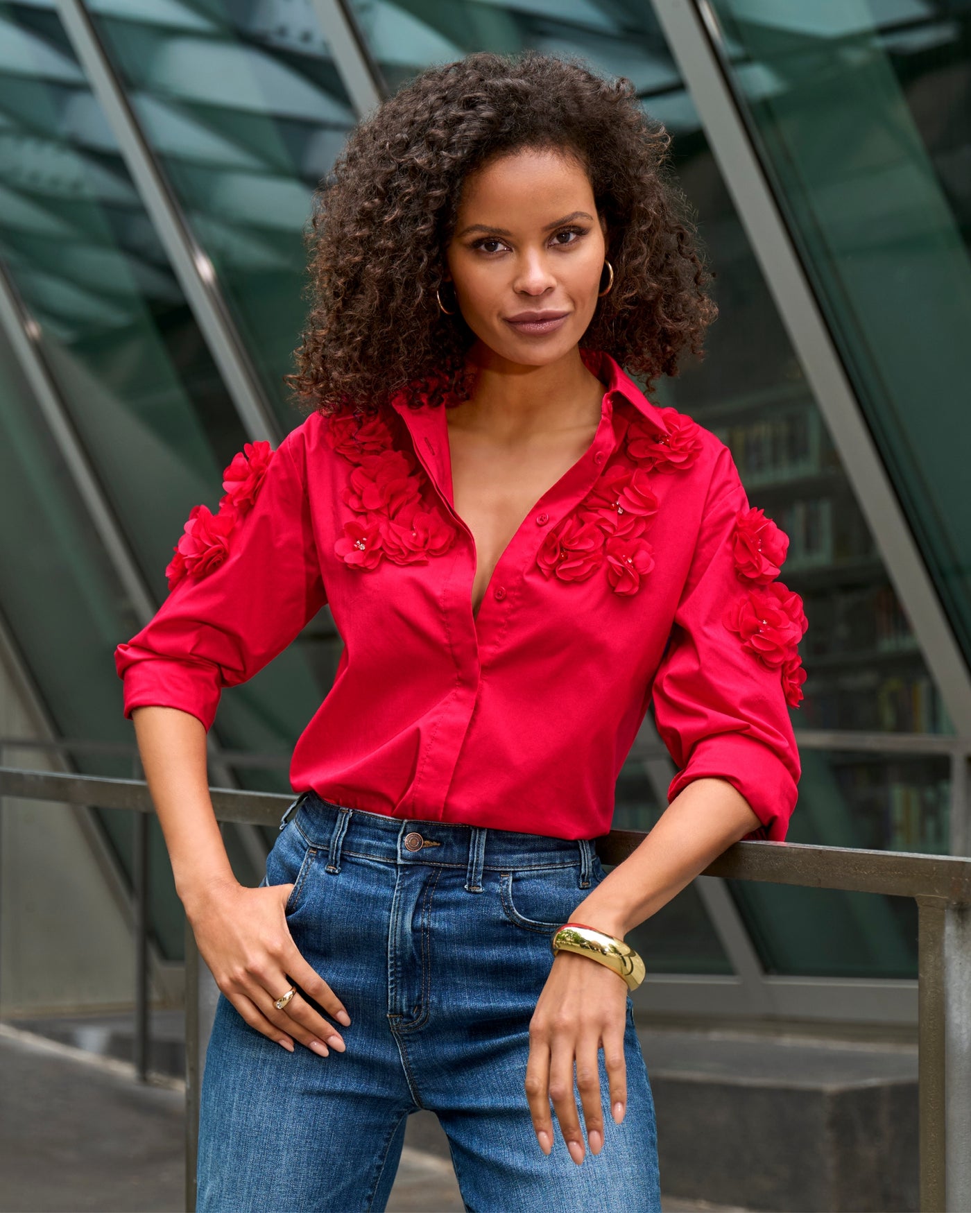Poplin and Pearl Button Up Shirt Tomato Red