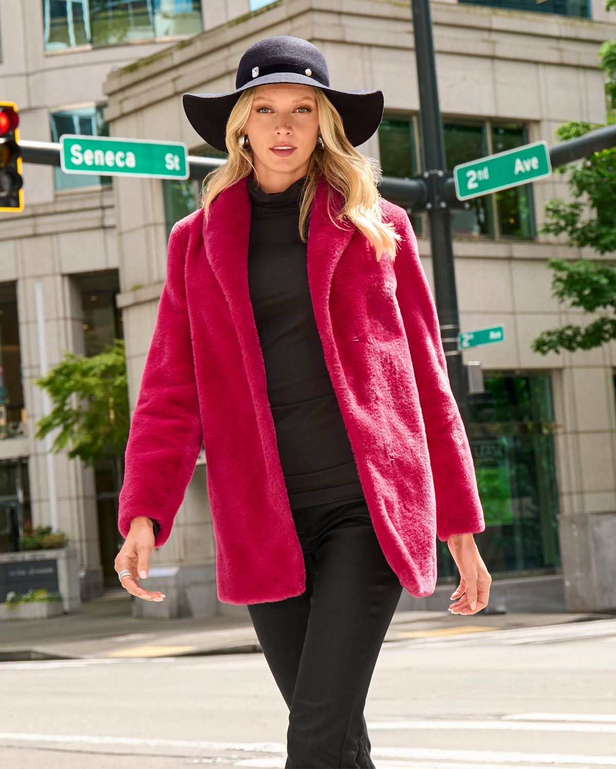 Shawl Collar Faux Fur Coat Cerise
