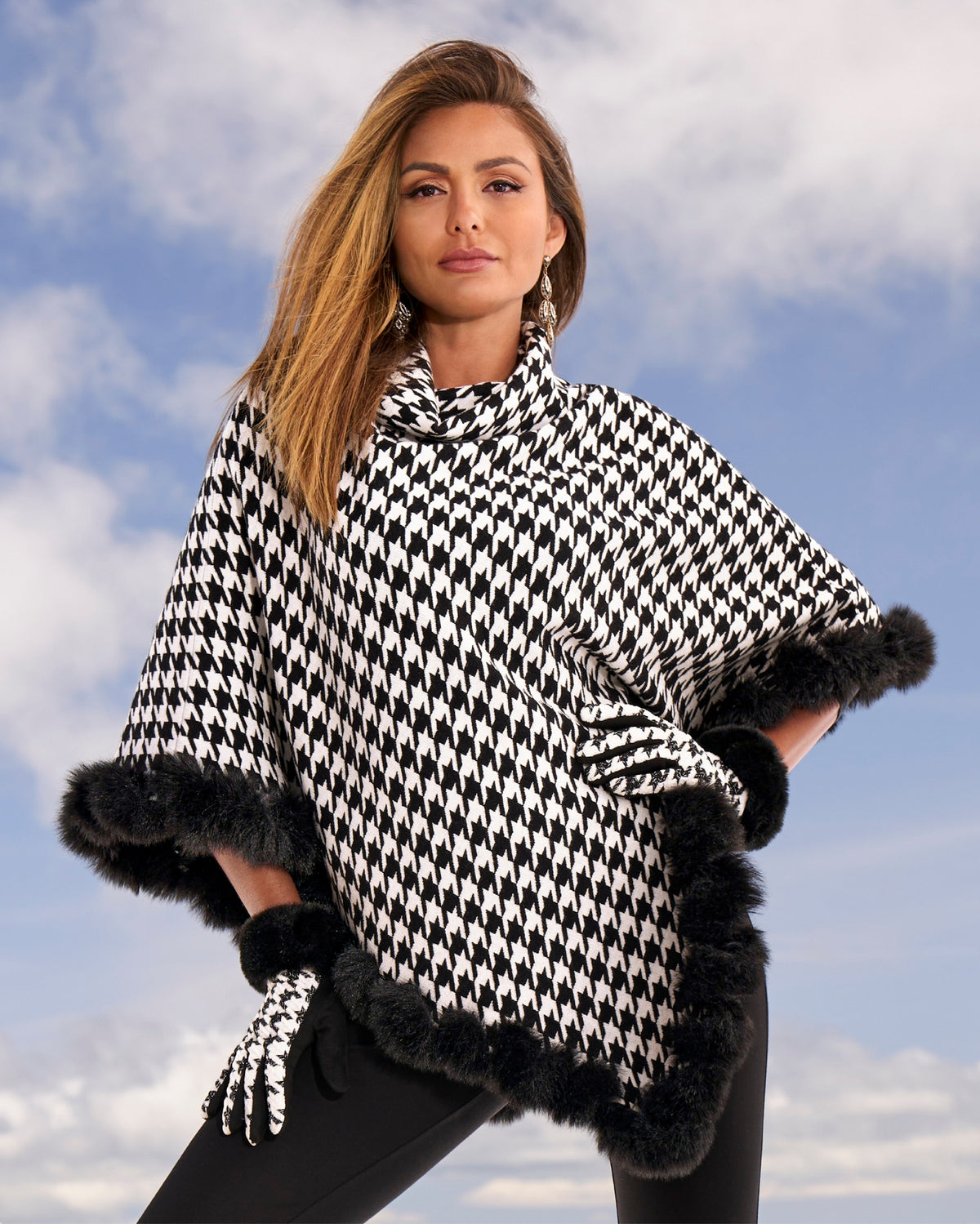 Faux Fur Trim Houndstooth Sweater Poncho Park City Houndstooth