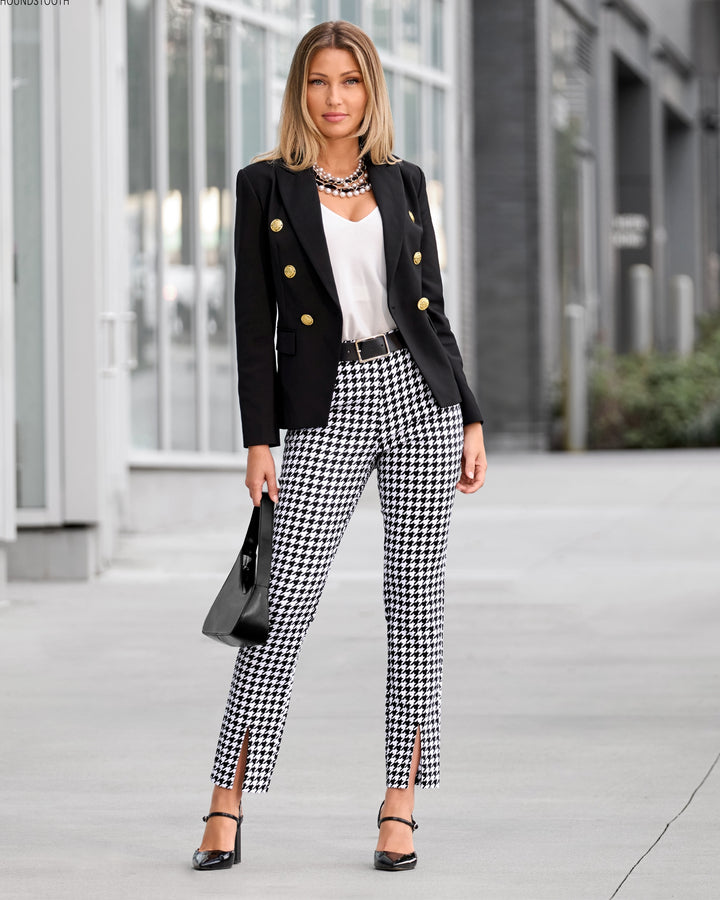 Newport Modern Slim Straight Leg Slit-Front Printed Trouser Pant Black/White