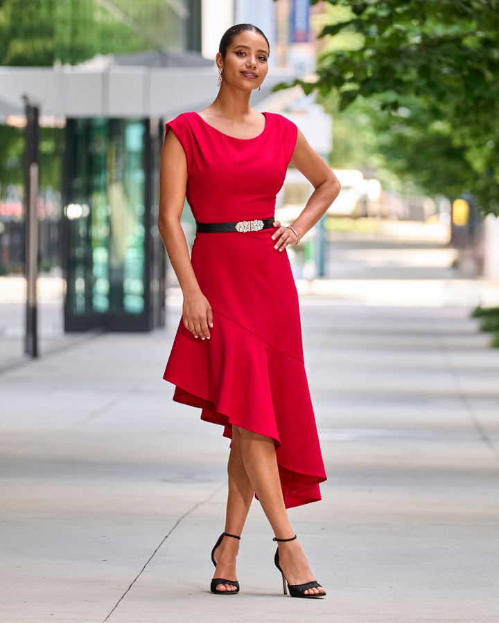 Asymmetrical Ruffle Midi Dress Racing Red