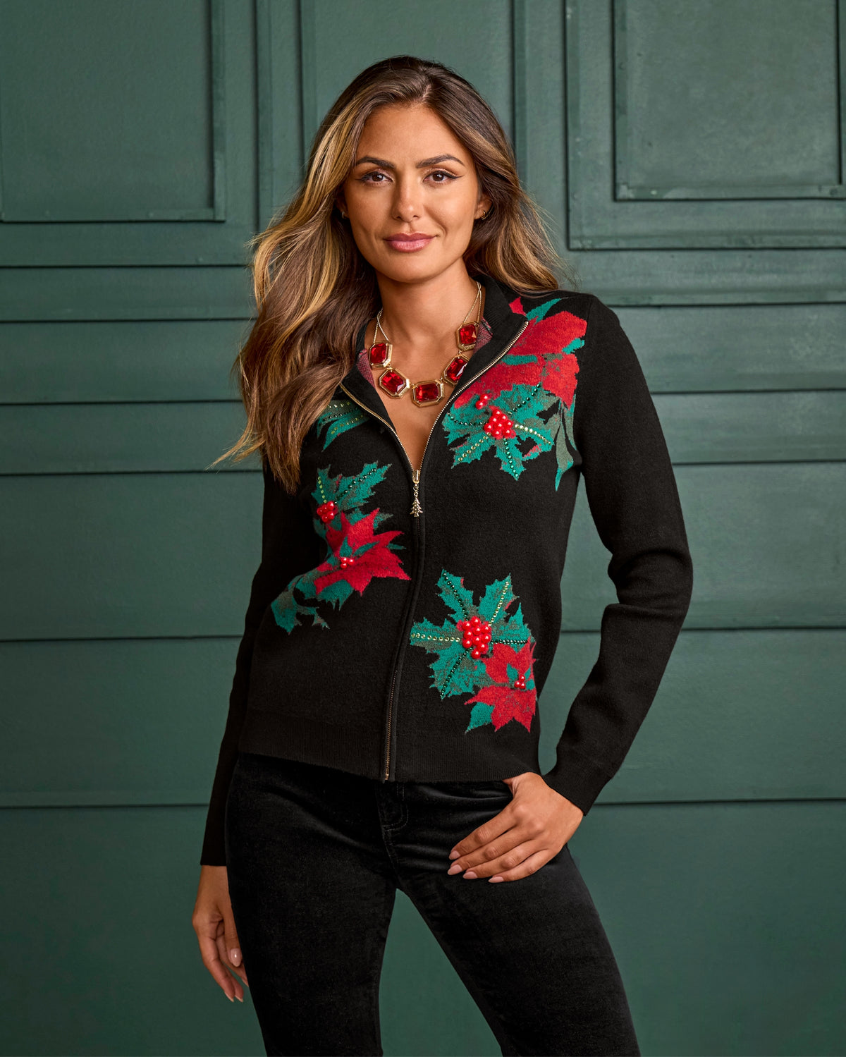 Holiday Floral Embellished Zip Up Cardigan Black Multi