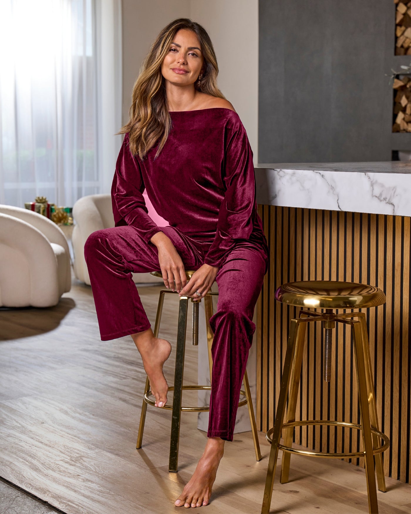 Chic Velour Slouchy and Wide Leg Lounge Set Wine