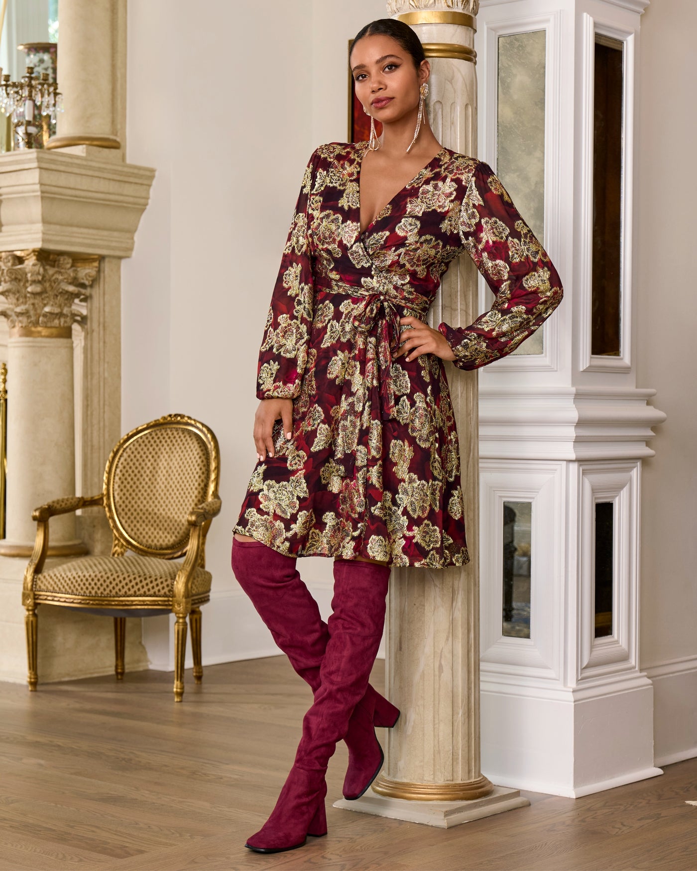 Rose Print Metallic Foil Wrap Dress Red