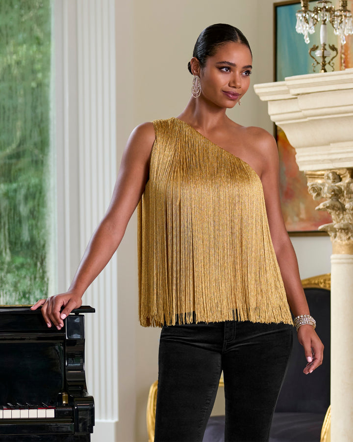 One Shoulder Fringe Top Gold