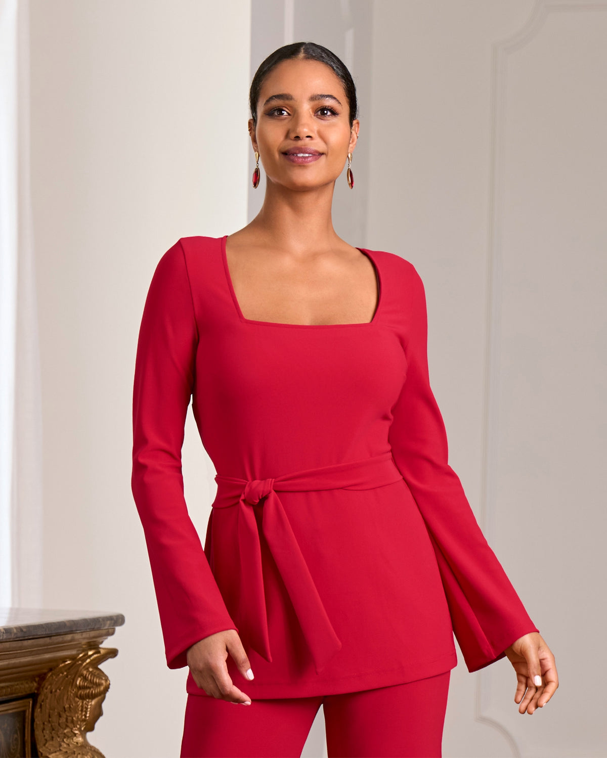 Beyond Travel Square Neck Tie Waist Top French Kiss